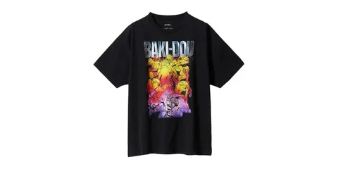 T-shirt noir avec design Baki-Dou coloré en jaune et violet.