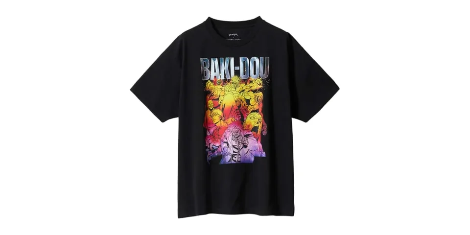 T-shirt noir avec design Baki-Dou coloré en jaune et violet.