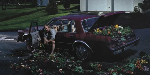 Homme sur voiture avec fleurs débordant du coffre, scène surréaliste