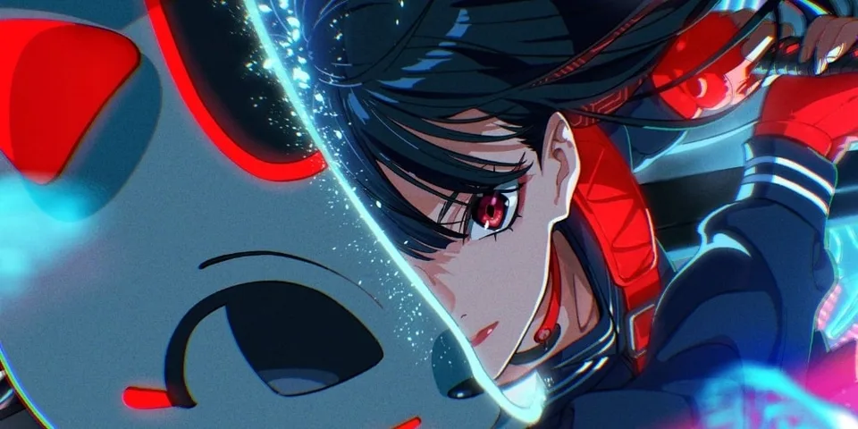 Personnage anime masqué avec des cheveux noirs et yeux rouges, style dynamique