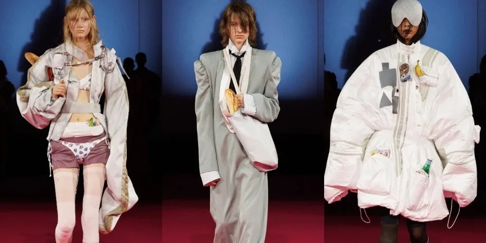 Trois mannequins avec des tenues avant-gardistes et accessoires excentriques.