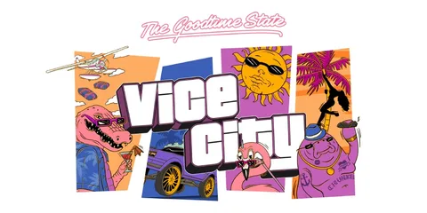Illustration colorée de Vice City avec animaux et soleil style rétro.