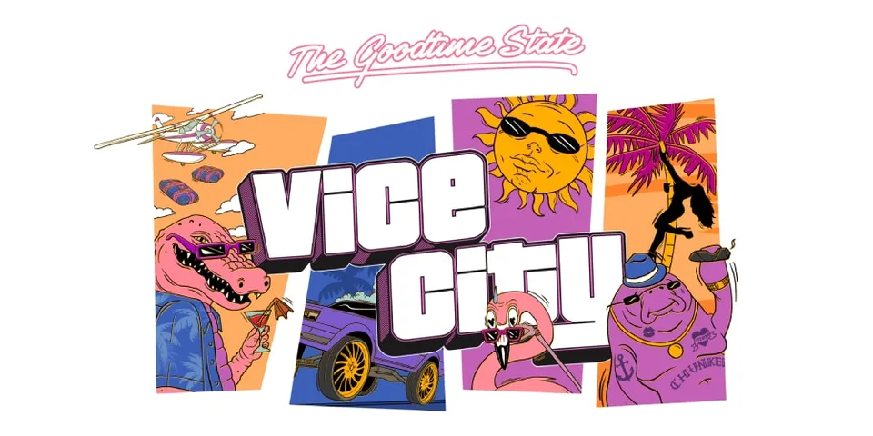 Illustration colorée de Vice City avec animaux et soleil style rétro.
