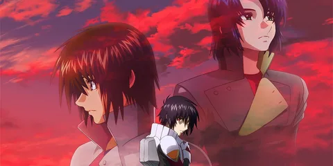 Personnages animés sur fond de ciel rouge et nuages.