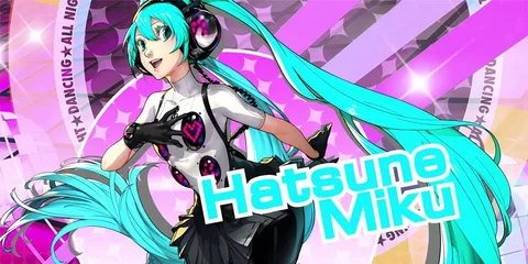 Illustration de Hatsune Miku avec cheveux turquoise et fond coloré.