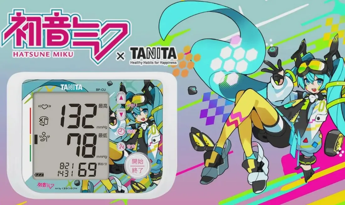 Moniteur de santé coloré avec personnage animé et logo Hatsune Miku.