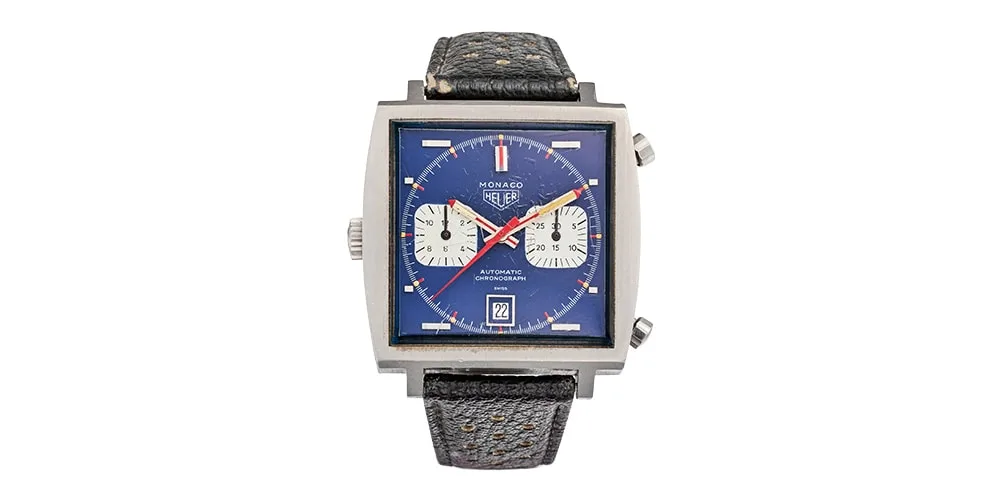 Montre carrée bleue avec bracelet en cuir noir