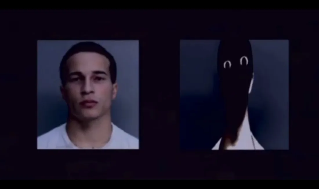Deux portraits, un homme et une silhouette sombre avec yeux blancs.