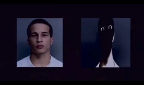 Deux portraits, un homme et une silhouette sombre avec yeux blancs.