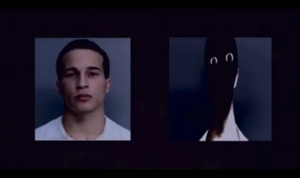 Deux portraits, un homme et une silhouette sombre avec yeux blancs.