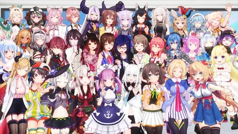 Illustration de nombreux personnages animés dans une pose de groupe festive.