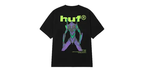 T-shirt noir avec design robotique et logo huf en vert vif