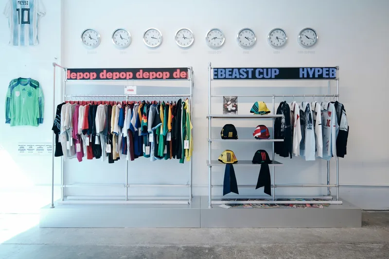 Magasin avec vêtements et horloges au mur, ambiance streetwear.