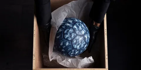 Ballon bleu motif hexagonal dans une boîte, quelqu'un avec gants noirs le touche.