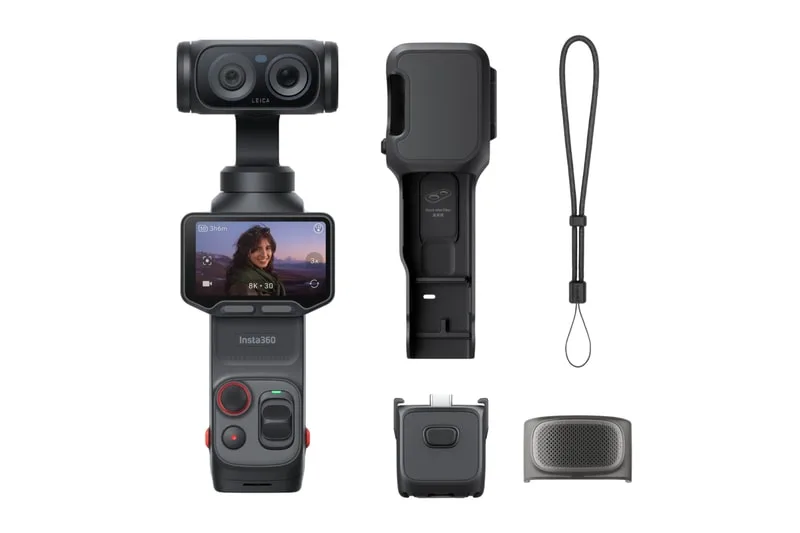 Caméra Insta360 avec accessoires et bracelet, écran affichant une image.