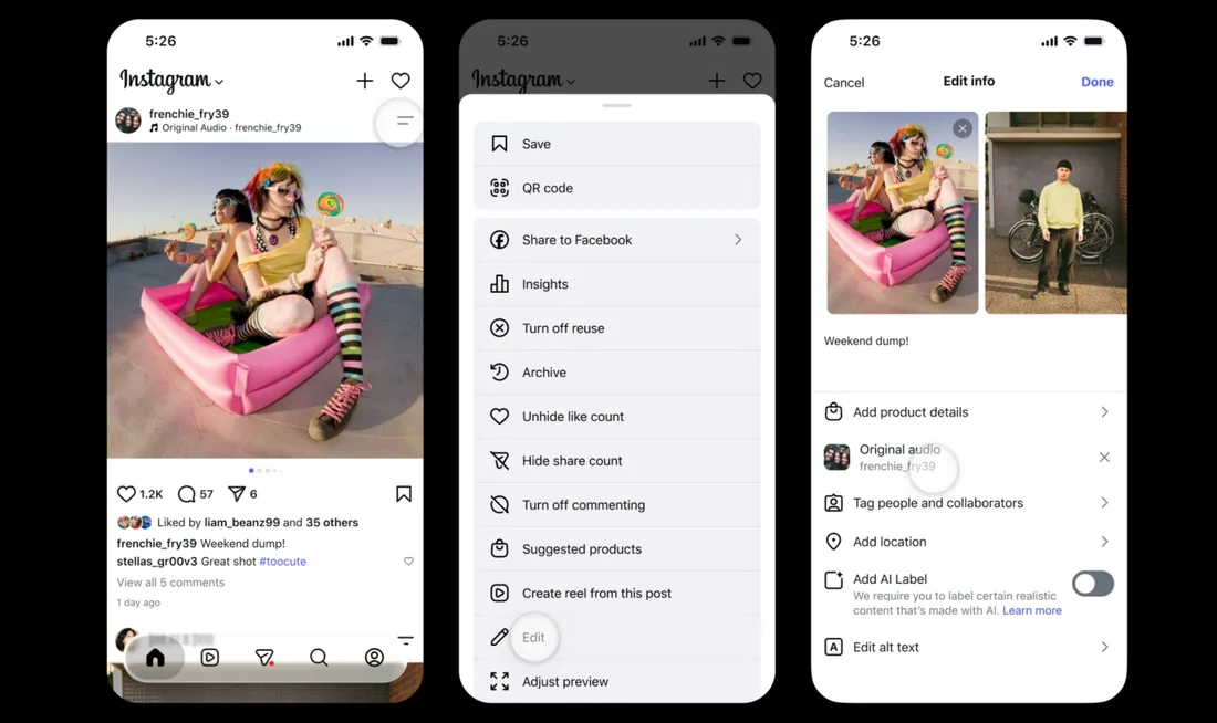 Trois écrans de l'application Instagram avec une publication et options d'édition.