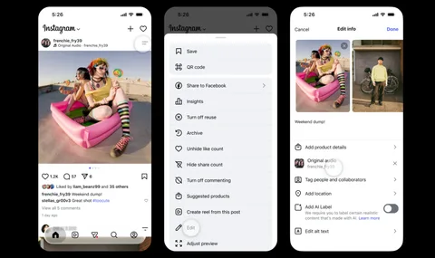 Trois écrans de l'application Instagram avec une publication et options d'édition.