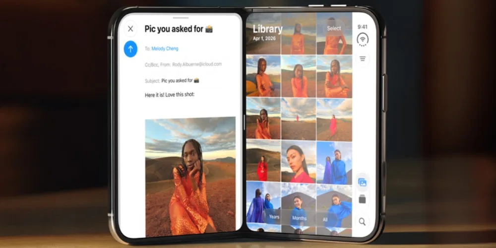 Smartphone pliable affichant un e-mail et une galerie photo, avril 2023.