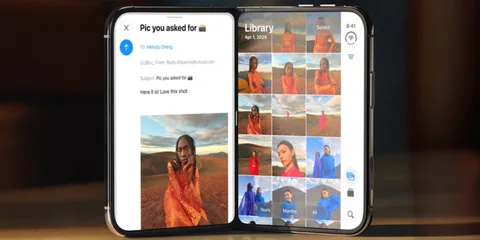 Smartphone pliable affichant un e-mail et une galerie photo, avril 2023.