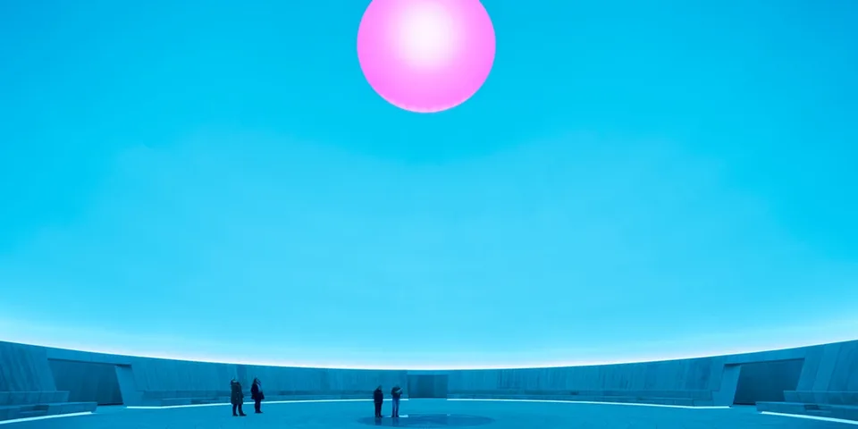 Personnes sous un grand ciel bleu et une sphère rose lumineuse.