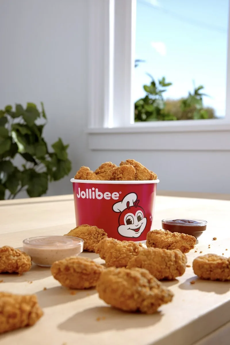 Seau de poulet frit de Jollibee sur une table avec sauces.