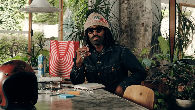 Homme assis à une table avec plantes et objets divers autour.