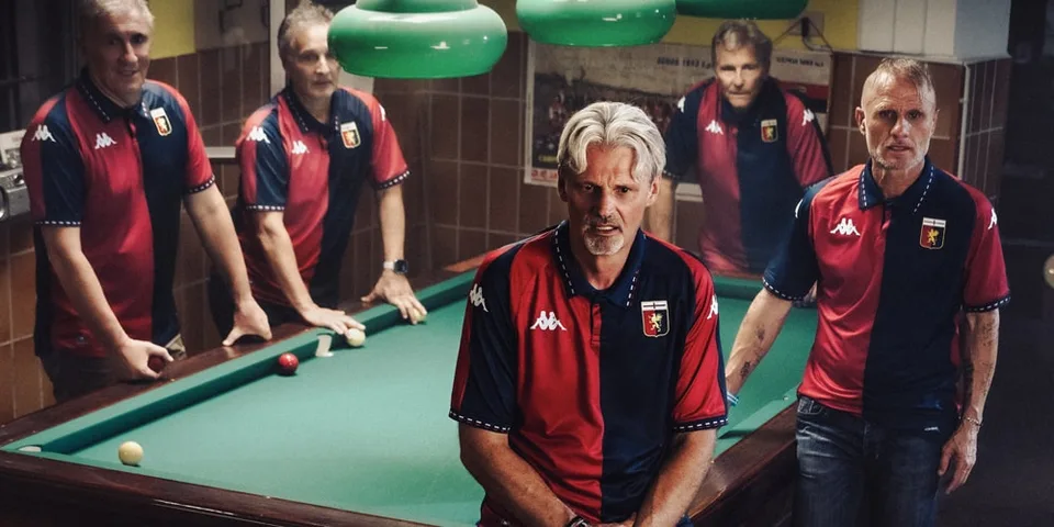 Cinq personnes avec un maillot de football autour d'une table de billard.