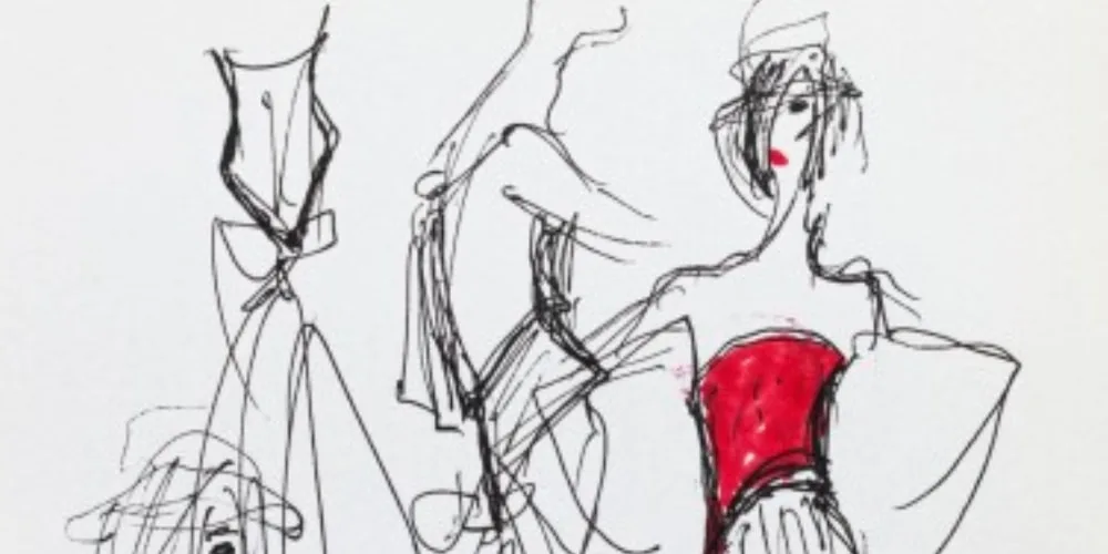 Croquis de mode avec figures et robe rouge, style abstrait.