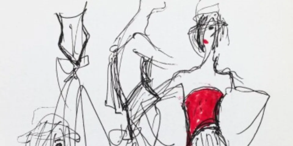 Croquis de mode avec figures et robe rouge, style abstrait.