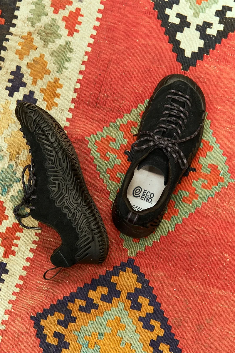 Chaussures noires sur un tapis coloré avec motifs géométriques.