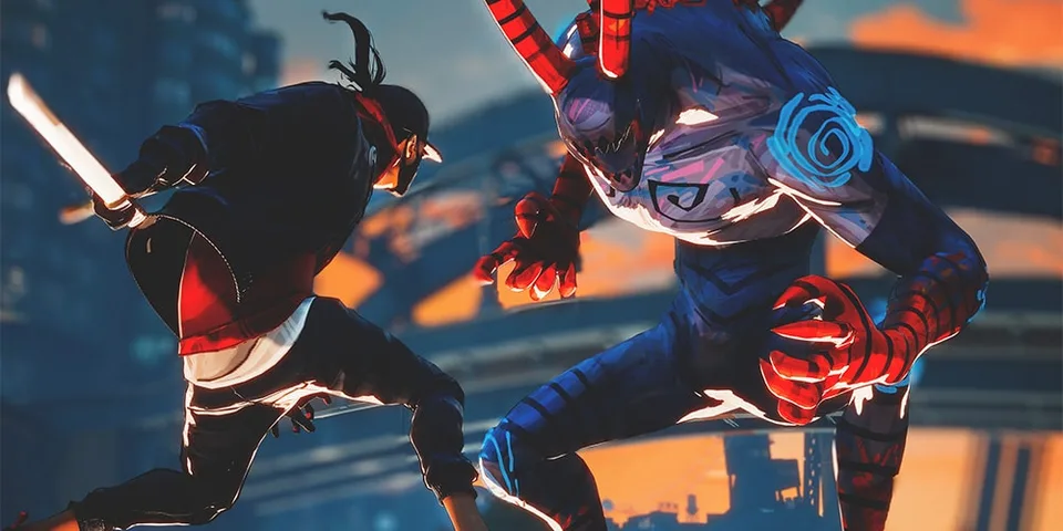 Combat intense entre un personnage et un monstre rouge et bleu.