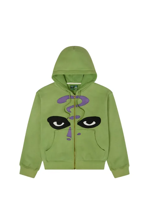 Sweat-shirt vert avec un point d'interrogation et des yeux noirs.