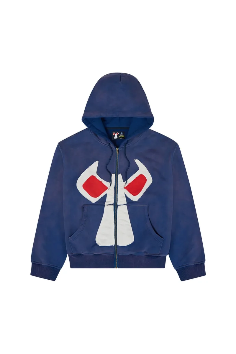 Veste à capuche bleue avec motif blanc et rouge sur le devant