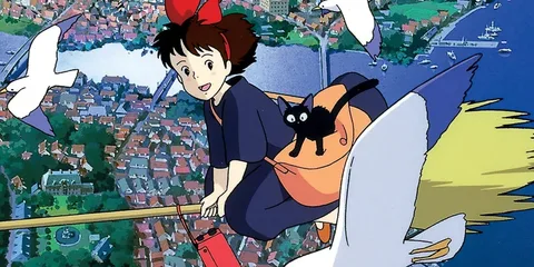 Jeune fille volant sur un balai avec un chat dans le ciel, ville en arrière-plan.