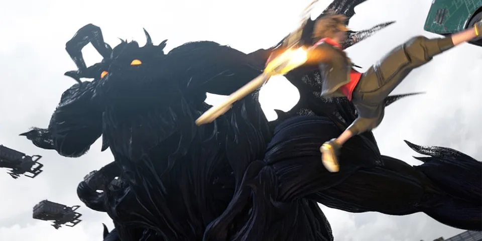 Un personnage combat une gigantesque créature noire, scène dynamique et intense.