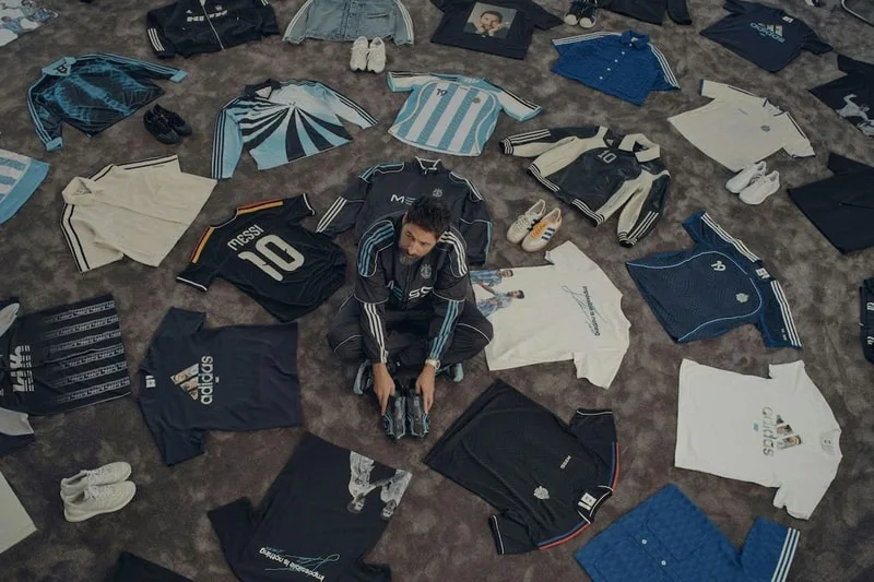 Personne entourée de vêtements de foot, dominant Messi.
