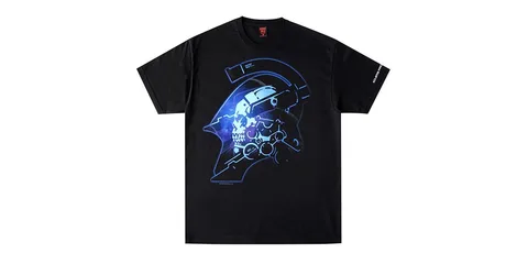 T-shirt noir avec graphisme bleu de tête robotique.