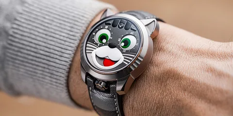 Montre sur poignet avec cadran en forme de visage de chat souriant.