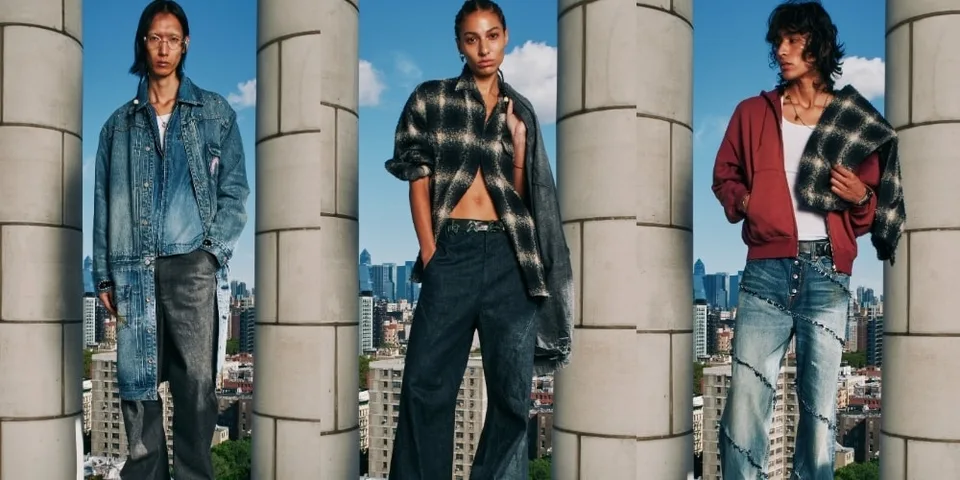 Trois mannequins posant devant une vue urbaine, chacun avec un style unique.