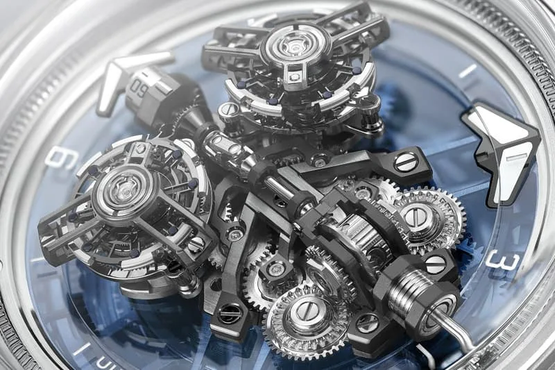 Mécanisme complexe d'une montre design avec engrenages visibles.