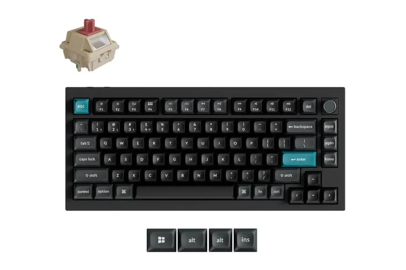 Clavier mécanique noir avec interrupteur et touches spéciales disposées.