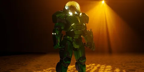 Personnage en armure spatiale verte et brillante, éclairé en studio.