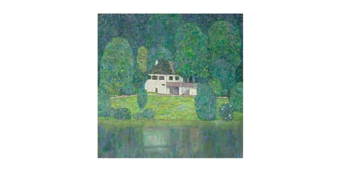Peinture d’une maison au bord d’un lac, entourée d’arbres verdoyants.