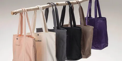 Sac fourre-tout coloré suspendu à une branche.