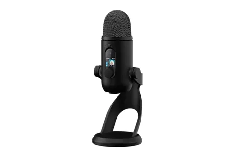 Microphone noir sur un socle, design moderne et élégant