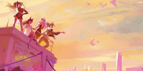 Personnages animés sur un toit au coucher du soleil, face à une ville.
