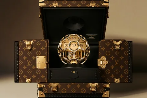 Ballon d'or dans un coffre Louis Vuitton ouvert, luxe et élégance.