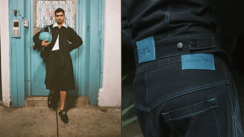 Homme en tenue noire et bleu à l'entrée d'une porte turquoise, zoom sur détails du tissu.