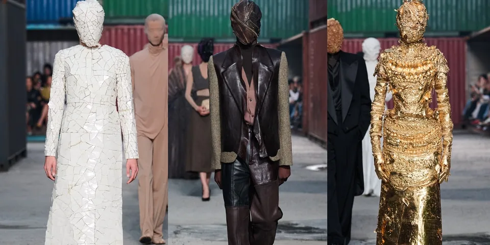 Modèles masqués défilant avec des tenues artistiques et texturées.