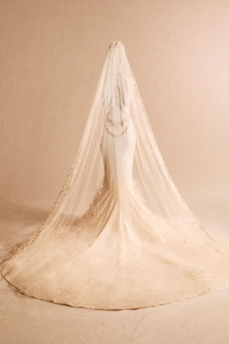 Robe de mariée avec voile long et train élégant, vue de dos.